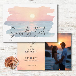 Reserva La Fecha Moderno Ocean Sunset Watercolor Beach Wedding Phot
