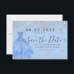 Reserva La Fecha Moderno Purpurina Dusty Blue Silver Gown Quinceane<br><div class="desc">Moderna Princesa Gris Azul Dusty Azul Dorada vestido Purpurina Sparkle Butterfly Quinceanera 15 cumpleaños Guardar la invitación de la fecha</div>