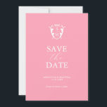 Reserva La Fecha Moderno Rosa Guardar la Fecha<br><div class="desc">Anuncia tu compromiso con estas invitaciones minimalistas de guardar la fecha de la boda. Presentan una mezcla de tipografía clásica y de escritura en blanco sobre un fondo rosa de moda con un escudo monograma en la parte superior. Utilice los campos del modelo para personalizar con su nombre y fecha...</div>