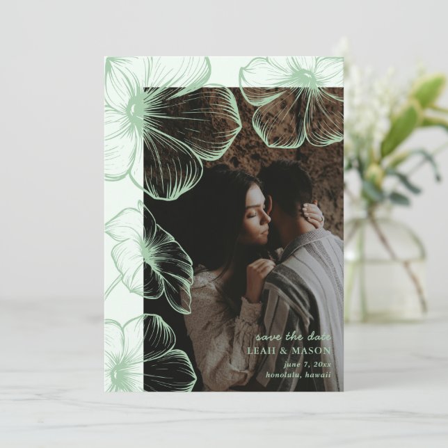Reserva La Fecha Moderno Sage Green Floral Photo Elegant Wedding (Anverso de pie)