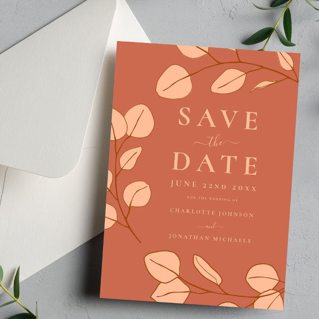 Reserva La Fecha Moderno y elegante Boda de hojas simples (Modern minimalist leaf peach fuzz chic save the date wedding invitation )