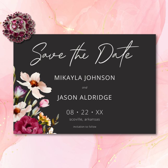 Reserva La Fecha Moderno y elegante verano pradera floral Boda negr (Modern Elegant Summer Meadow Floral Black Wedding Save The Date)