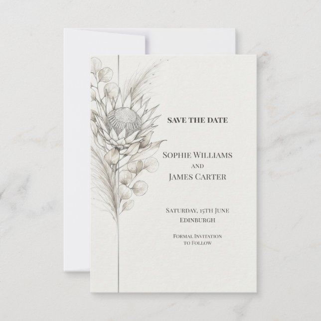 Reserva La Fecha Monocromo Protea Eucalyptus Save the Date (Anverso)