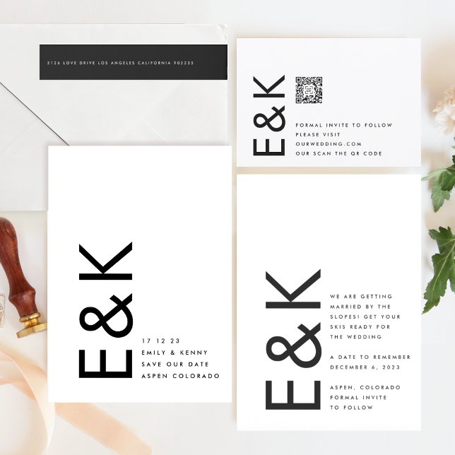 Reserva La Fecha Monograma blanco y negro ultra moderno sin fotogra (Announcement showcasing suite - additional items (bought separately))