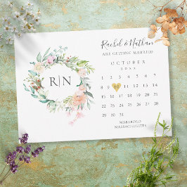 Reserva La Fecha Monograma Calendario Oro Boda floral cardíaco