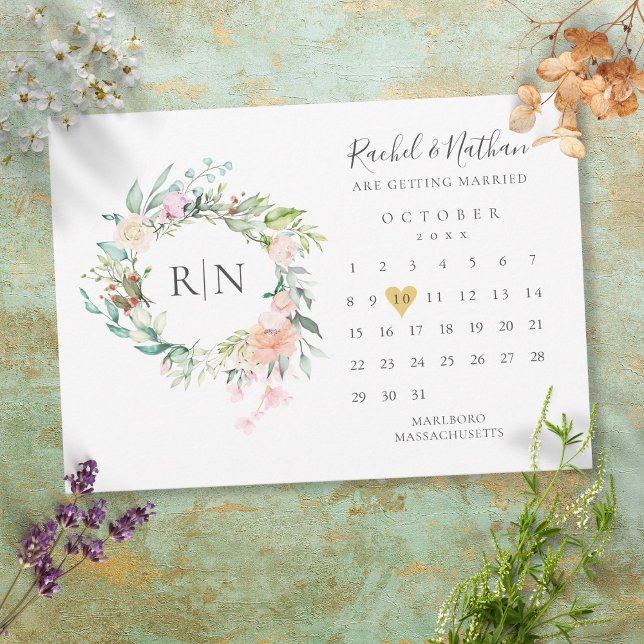 Reserva La Fecha Monograma Calendario Oro Boda floral cardíaco (Subido por el creador)