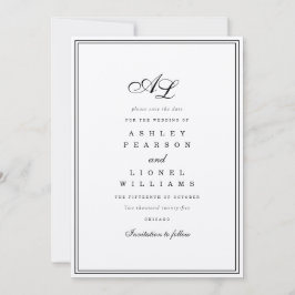 Reserva La Fecha Monograma clásico Boda tradicional blanco y negro