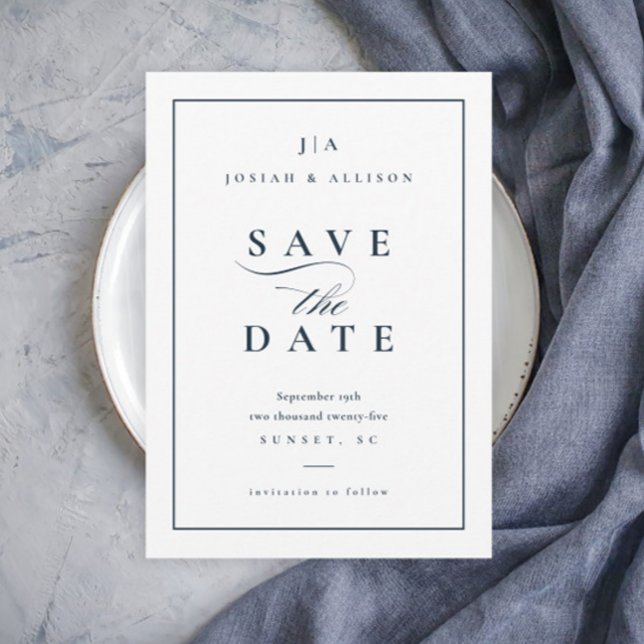 Reserva La Fecha Monograma clásico sin Boda azul de la marina fotog (Elegant Simple Typography Navy Blue Wedding Save the Date.)
