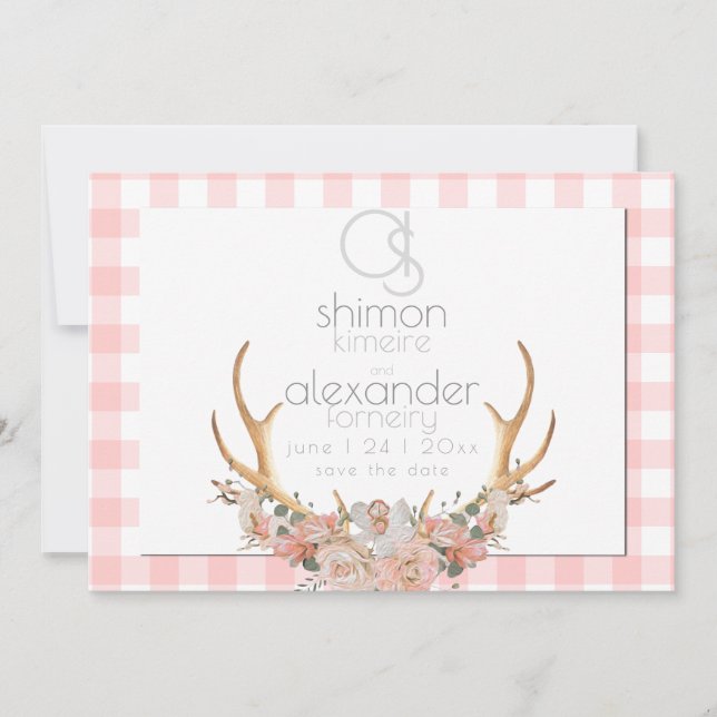 Reserva la fecha | Monograma Coral Gingham Floral  (Anverso)