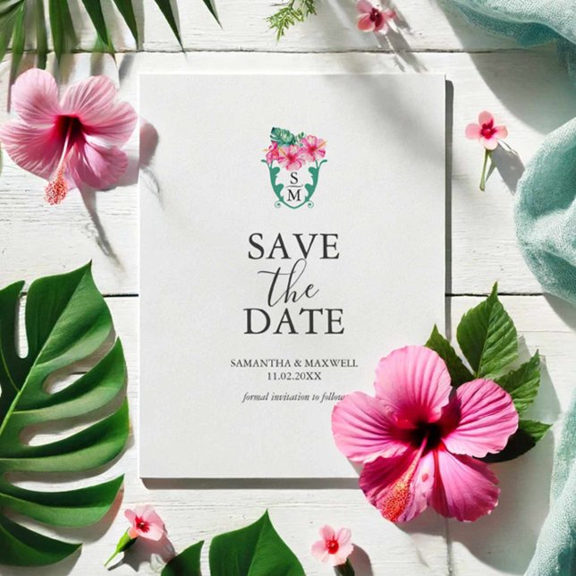 Reserva La Fecha Monograma de boda de destino Guardar la fecha (Destination wedding save the date tropical Hibiscus flowers and monogram Victoria Grigaliunas )