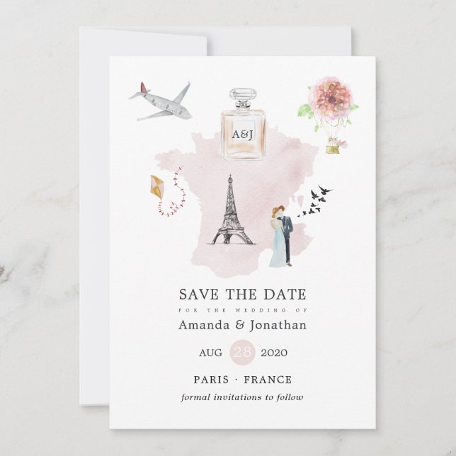 Reserva La Fecha Monograma de Boda Temático de París en Acuarela (Anverso)