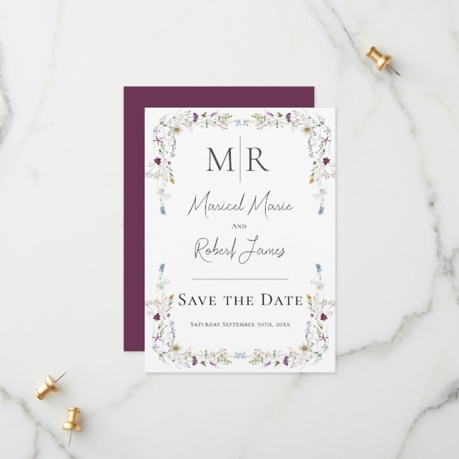 Reserva La Fecha Monograma de Bodas con Flores Silvestres Modernas  (Anverso/Reverso In Situ)