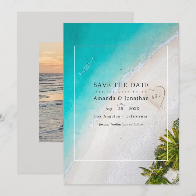 Reserva La Fecha Monograma de bodas en la playa de verano (Anverso / Reverso)