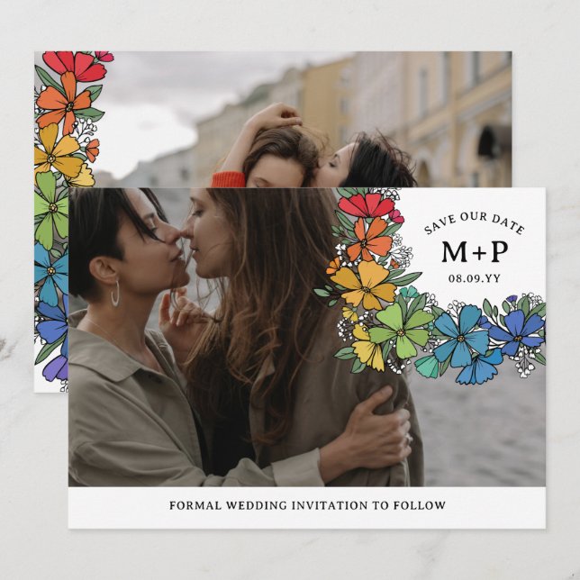 Reserva La Fecha Monograma de flores de orgullo LGBTQ Foto (Anverso / Reverso)