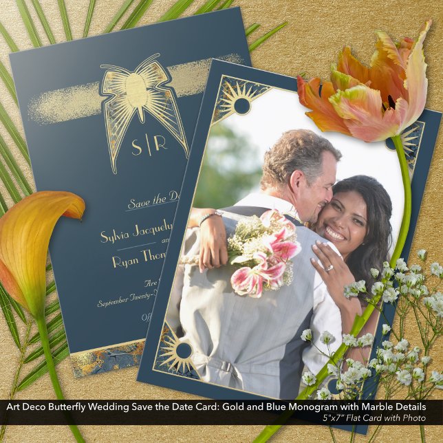 Reserva La Fecha Monograma de mariposa Art Deco Foto Oro Azul (Art Deco Butterfly Save the Date Card with Monogram: Photo Card)