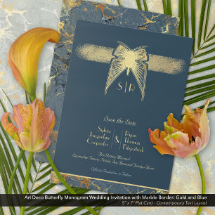Reserva La Fecha Monograma de mariposa modernista azul y oro Boda