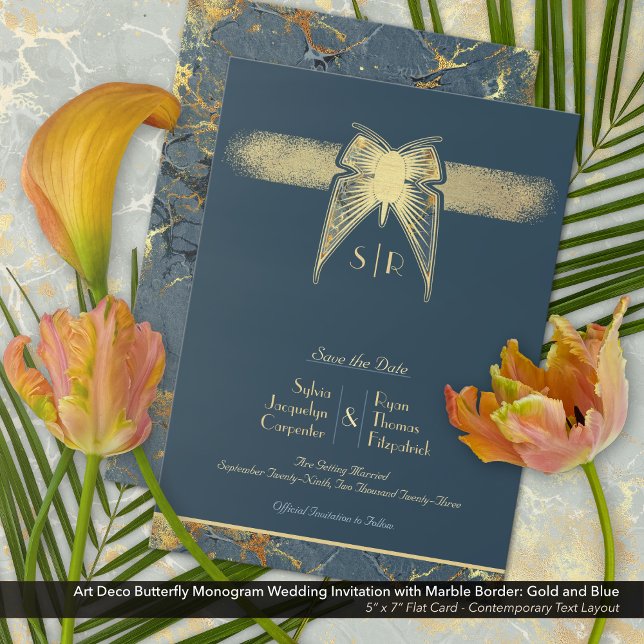 Reserva La Fecha Monograma de mariposa modernista azul y oro Boda (Art Deco Butterfly Wedding Save-the-Date Card with Contemporary Text Layout)