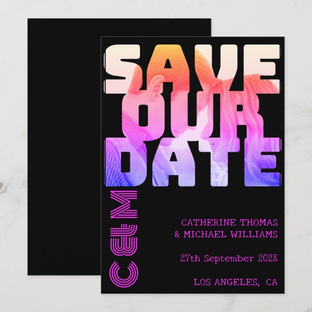 Reserva La Fecha Monograma de nombres Retro 70 y Boda de fotografía (Anverso / Reverso)