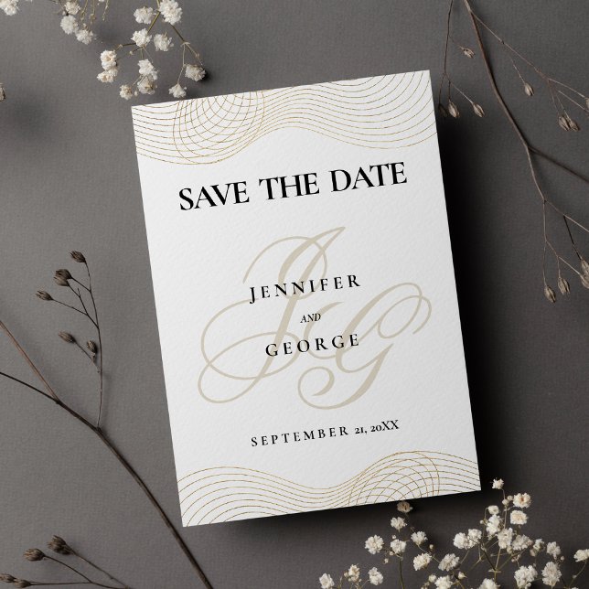 Reserva La Fecha Monograma de oro blanco geométrico Guardar la fech (Geometric white gold monogram Save The Date)