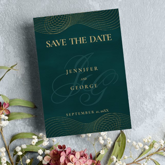 Reserva La Fecha Monograma de oro verde oscuro geométrico Guardar l (Geometric dark green gold monogram Save The Date)