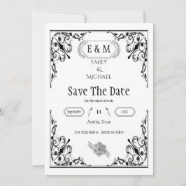 Reserva La Fecha Monograma elegante de Boda blanco y negro gótico