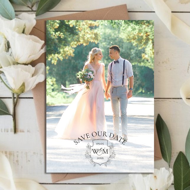 Reserva La Fecha Monograma Escudo elegante fotográfico (Photo Elegant Crest Monogram Save The Date)