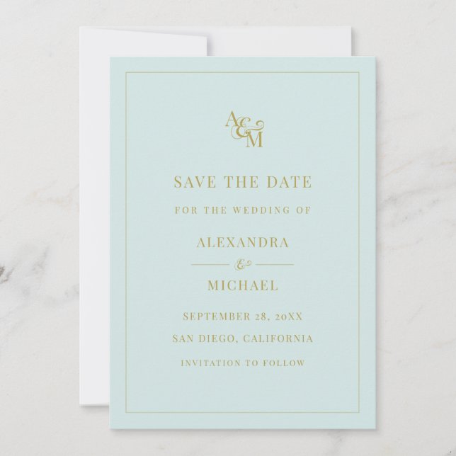 Reserva La Fecha Monograma Mint Turquoise Simple Boda Moderno (Anverso)