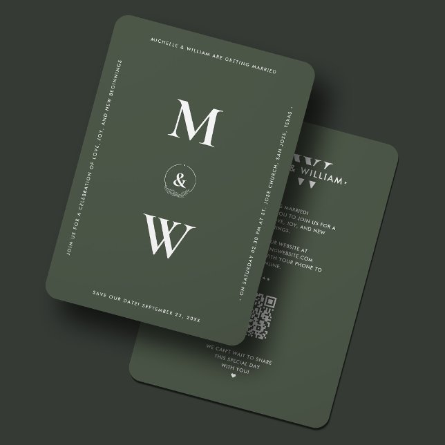Reserva La Fecha Monograma moderno Boda Moss Verde Simple (Modern Wedding Monogram Moss Green Minimalist Save The Date
)