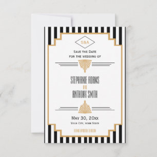 Reserva La Fecha Monograma negro, oro y Boda Art Deco blanco