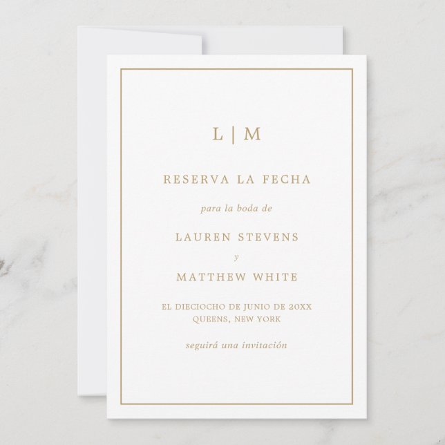 Reserva La Fecha Monograma simple de oro antiguo Boda español (Anverso)