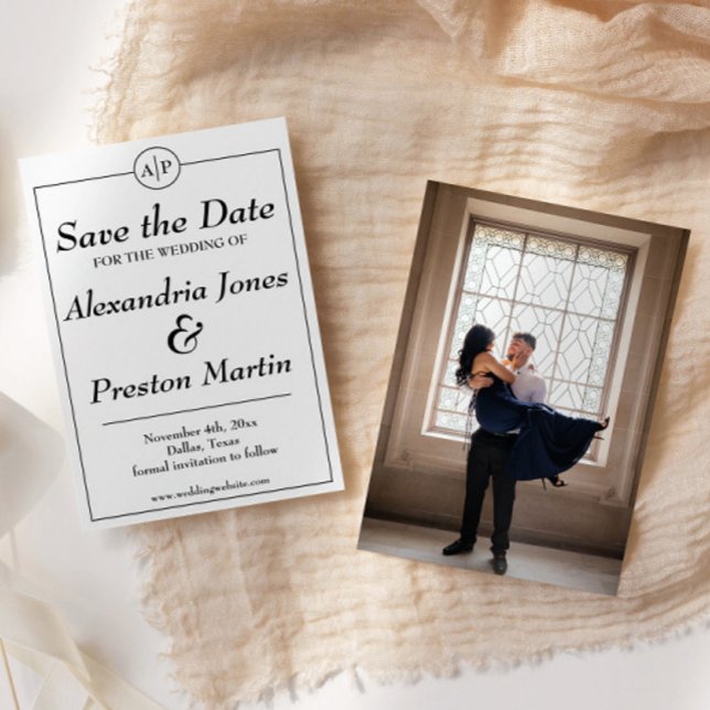 Reserva La Fecha Monograma simple foto en blanco y negro Guardar la (elegant black and white formal monogram save the date with engagement photo on back)