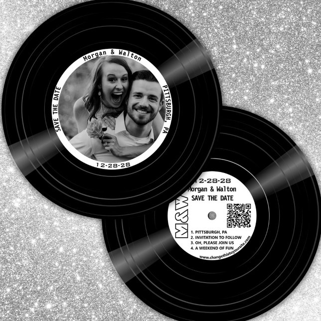 Reserva La Fecha Monograma y foto del registro de vinilo - Blanco (Round vinyl record style photo save the date with QR code)