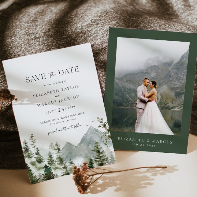 Reserva La Fecha Montaña Evergreen Woodland Forest Elegant Wedding (Subido por el creador)