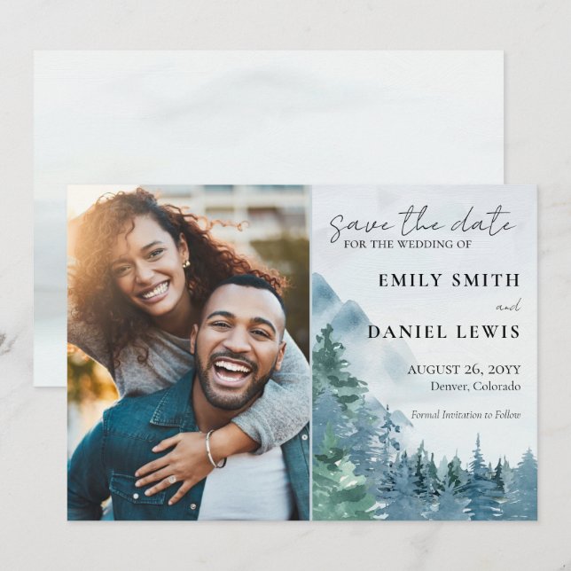 Reserva La Fecha Montañas rusticas y árboles acuarela azul turbio (Anverso / Reverso)