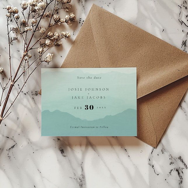 Reserva La Fecha Montañas verdes suaves salvan la fecha (Green watercolor mountains modern and bold wedding Save the date card)