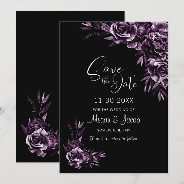 Reserva La Fecha Moody Black and Purple Floral Boda (Anverso / Reverso)