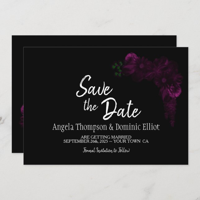 Reserva La Fecha Moody Black con la boda floral rosa Save the Date (Anverso / Reverso)