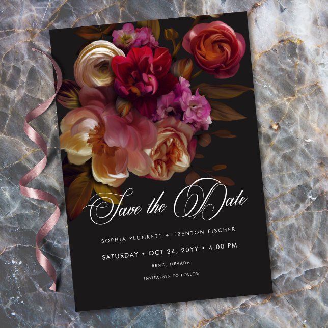 Reserva La Fecha Moody Black Floral Painterly Red Burgundy (Moody Black Floral Painterly Red Burgundy Save The Date)