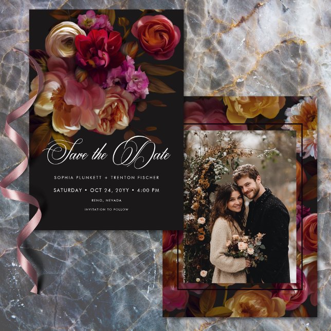 Reserva La Fecha Moody Black Floral Painterly Red Burgundy Photo (Moody Black Floral Painterly Red Burgundy Photo Save The Date)