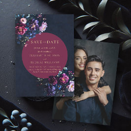 Reserva La Fecha Moody Dark Elegant Floral Burgundy Photo Boda
