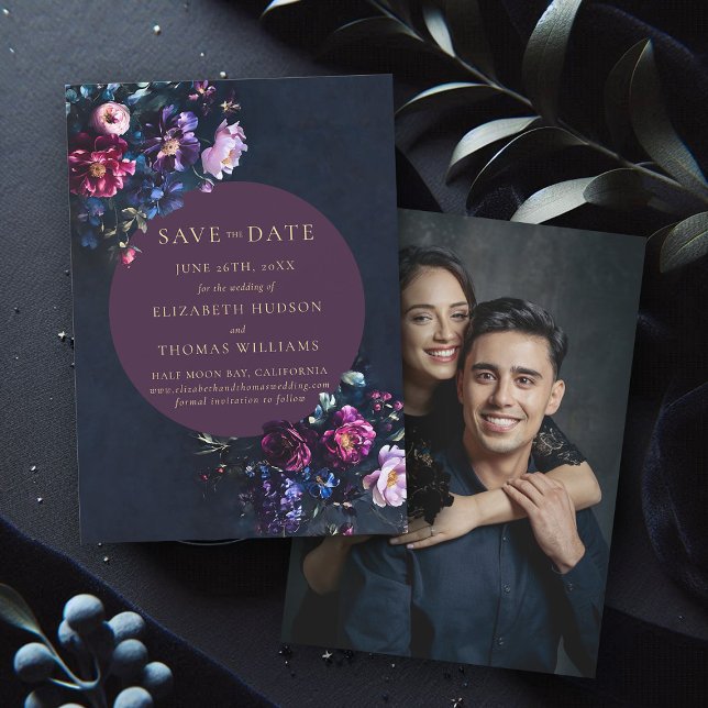 Reserva La Fecha Moody Dark Elegant Floral Purple Photo Boda (wedding save the date moody dark romantic gothic floral navy blue purple jewel tone photo template)