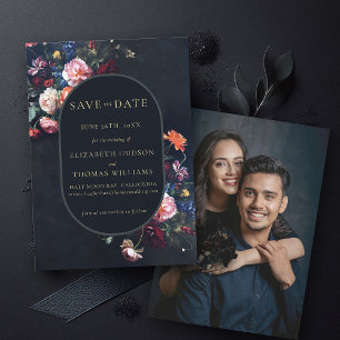 Reserva La Fecha Moody Dark Elegant Romantic Floral Oval Wedding