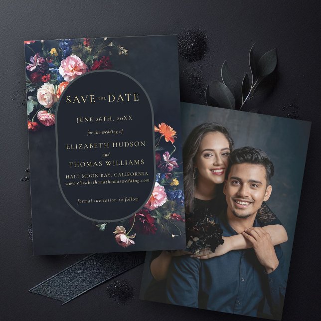 Reserva La Fecha Moody Dark Elegant Romantic Floral Oval Wedding (wedding save the date moody dark romantic gothic floral black oval dutch masters photo announcement)