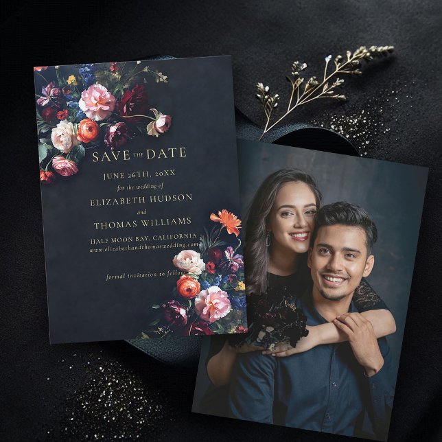 Reserva La Fecha Moody Dark Elegant Romantic Floral Photo Boda (wedding save the date moody dark romantic gothic floral black dutch masters photo announcement)