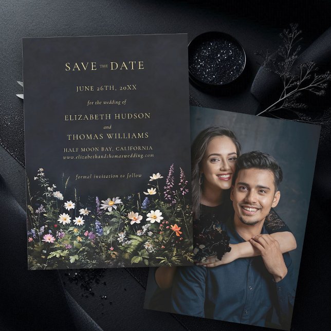 Reserva La Fecha Moody Dark Elegant Romantic Wildflowers Boda (wedding save the date moody dark romantic gothic floral black wildflowers photo announcement)