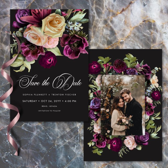 Reserva La Fecha Moody Dark Floral Black Burgundy Romantic Photo (Moody Dark Floral Black Burgundy Romantic Photo Wedding Save The Date)