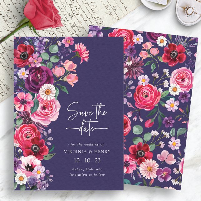 Reserva La Fecha Moody Floral (Moody Navy Blue Floral Save The Date Card by Painted Paperie
)