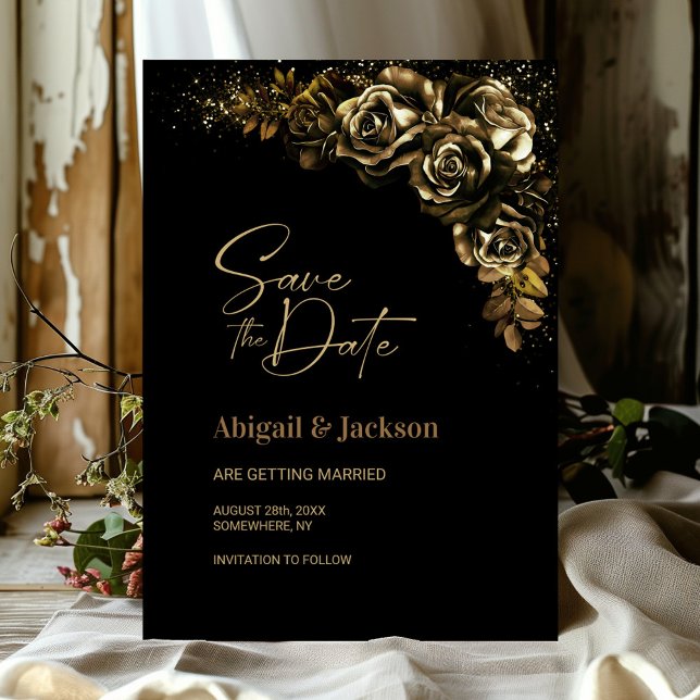 Reserva La Fecha Moody Gold Floral Wedding Save the Date (Subido por el creador)