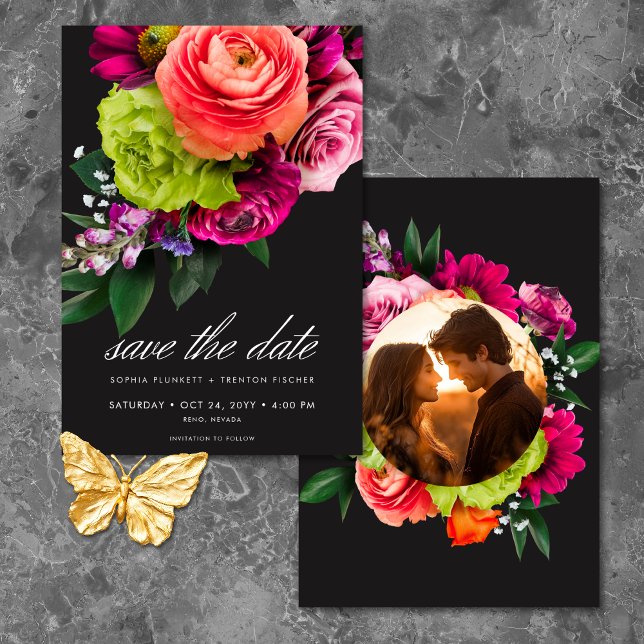 Reserva La Fecha Moody Luxe Floral Vibrant Pink Black Photo Wedding (Moody Luxe Floral Vibrant Pink Black Photo Wedding Save The Date)