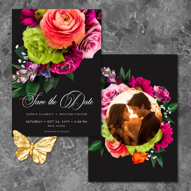 Reserva La Fecha Moody Luxe Floral Vibrant Pink Black Photo Wedding (Moody Luxe Floral Vibrant Pink Black Photo Wedding Save The Date)